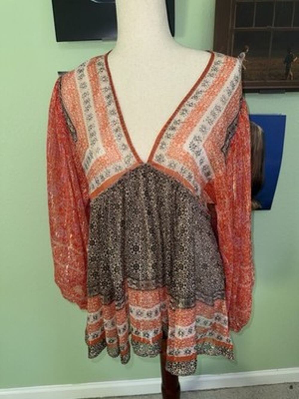 Free People Aliyah Boho Tunic Multicolor Chevron Metallic Gold Accents Small
